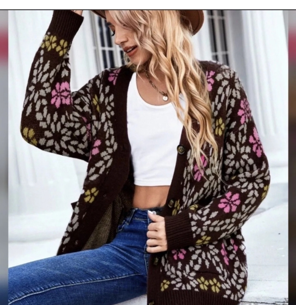 ZARA | Floral cardigan sweater oversized brown pink